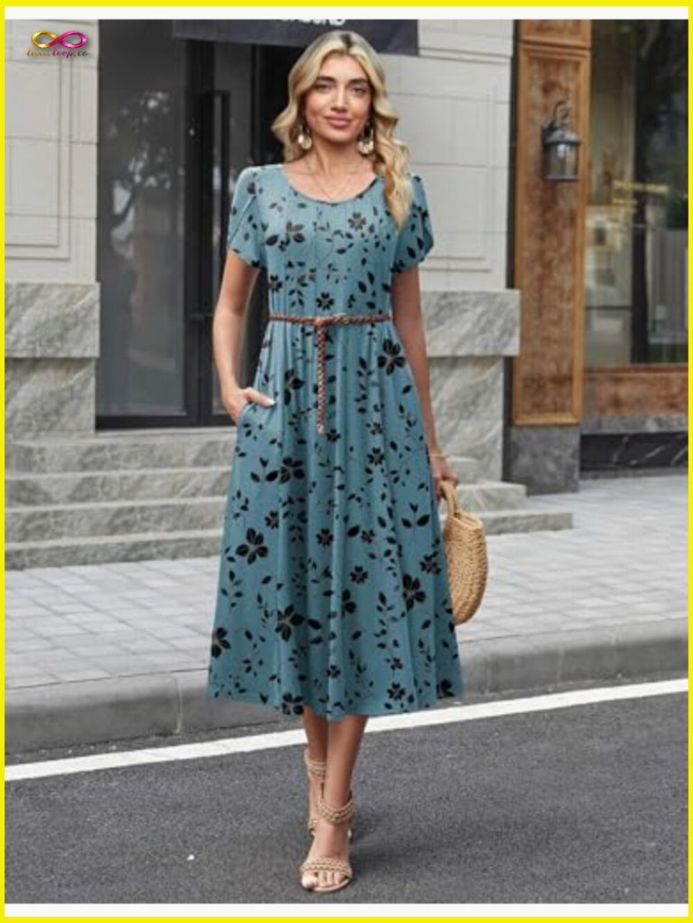 Ruffle Short Sleeve Midi Dress A-Line Flowy Pleated Sundress Casual Summer - Picture 3 of 7
